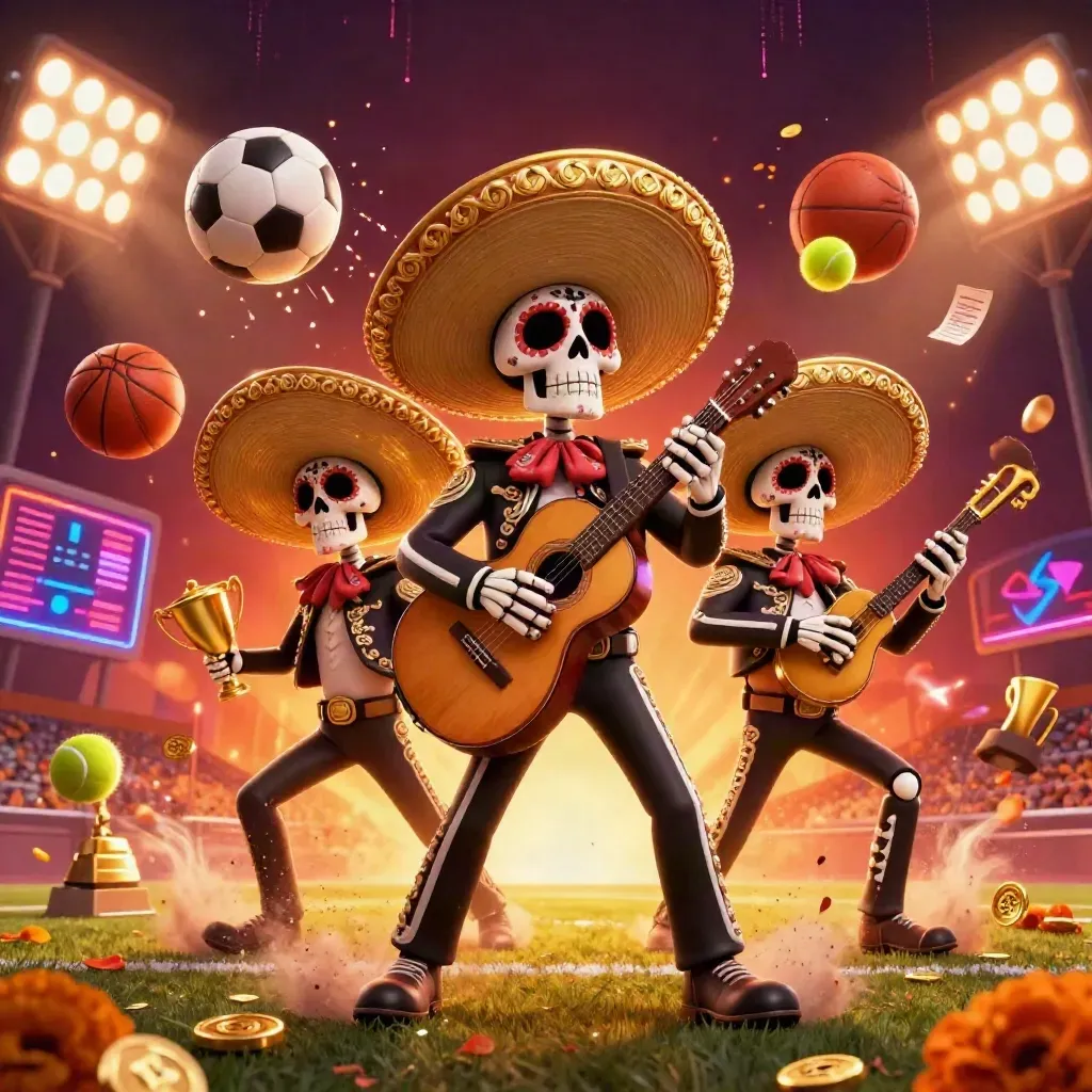 Tiga skeleton mariachi bermain di tengah bola olahraga, petir neon, dan nuansa kasino mewah.