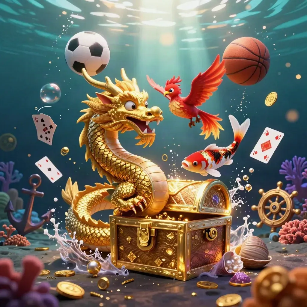 Naga emas 3D di bawah laut, koi, phoenix, bola olahraga, koin, dan cahaya dramatis.