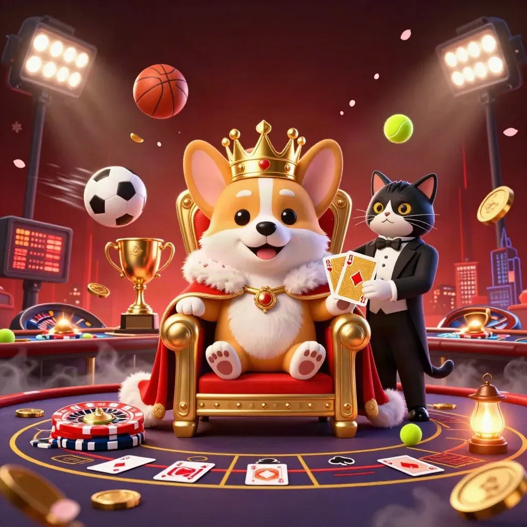Korgi mahkota dan pelayan kucing di ruang kasino mistis dengan bola olahraga, koin emas, dan cahaya mewah.