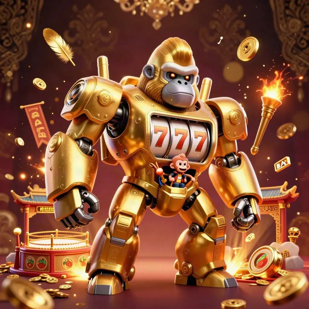 Gorila mech emas bertema kasino dengan monyet pilot, koin, kertas emas, dan cahaya dramatis.