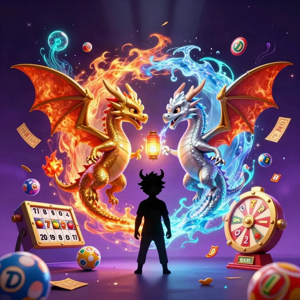 Dua naga kartun emas dan perak melingkar dengan api dan es, dikelilingi bola lotere dan tiket emas.