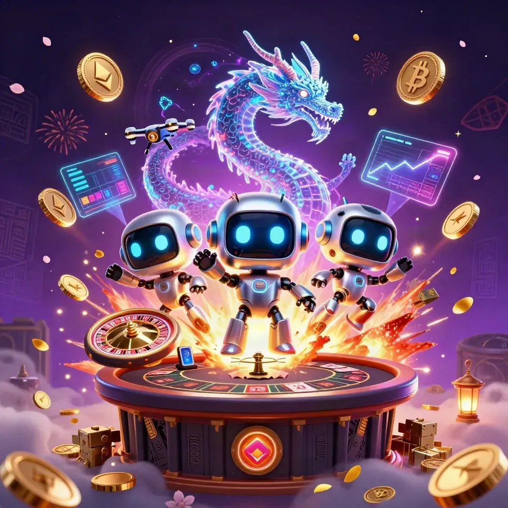 Robot cyberpunk, naga holografik, dan drone koin di tengah ledakan koin emas dan nuansa kasino mistis.