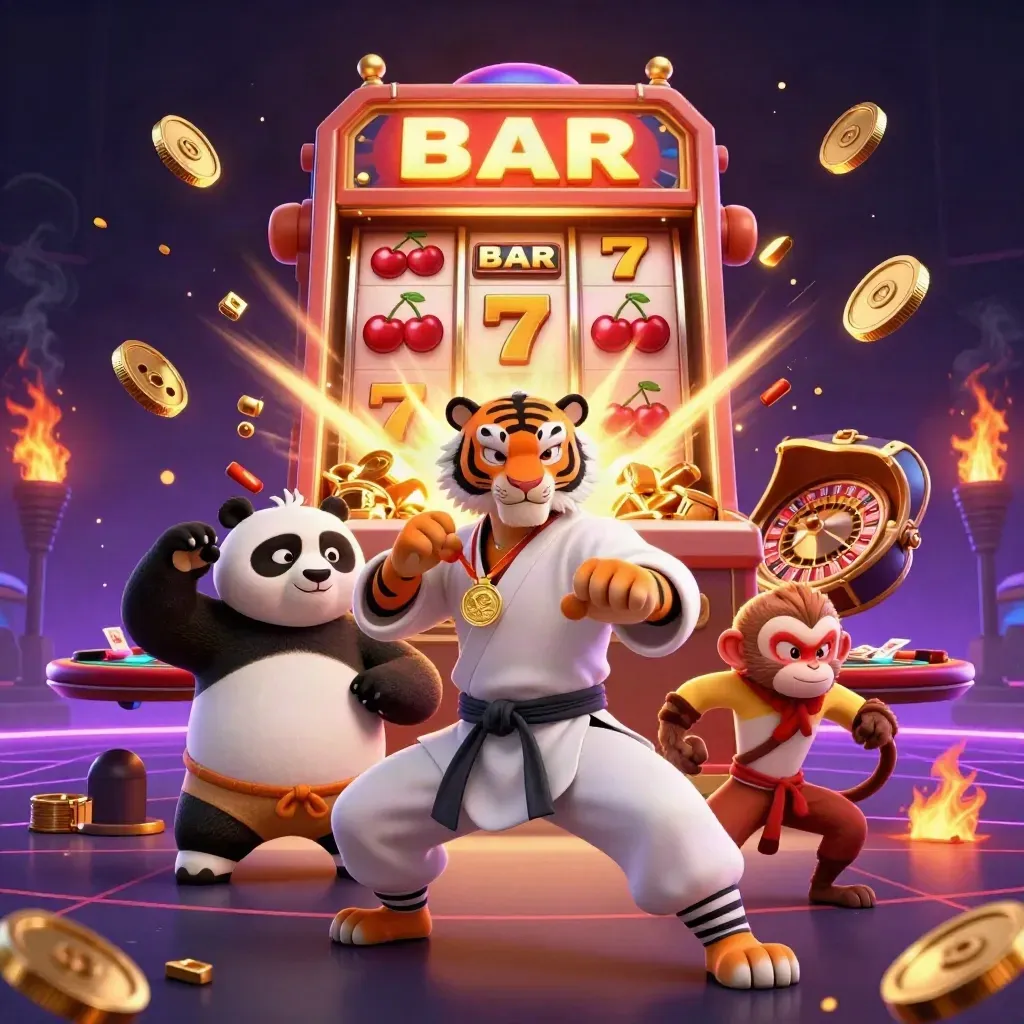 Tiga karakter hewan kung-fu, mesin slot meledak, emas dan api bertebaran