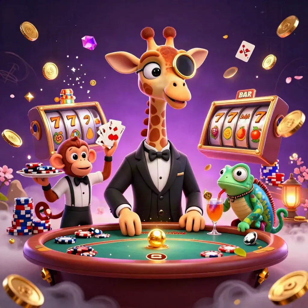 Jerapah hiroller, monyet valet, dan bunglon bartender di meja poker VIP dengan koin emas dan efek mistis.