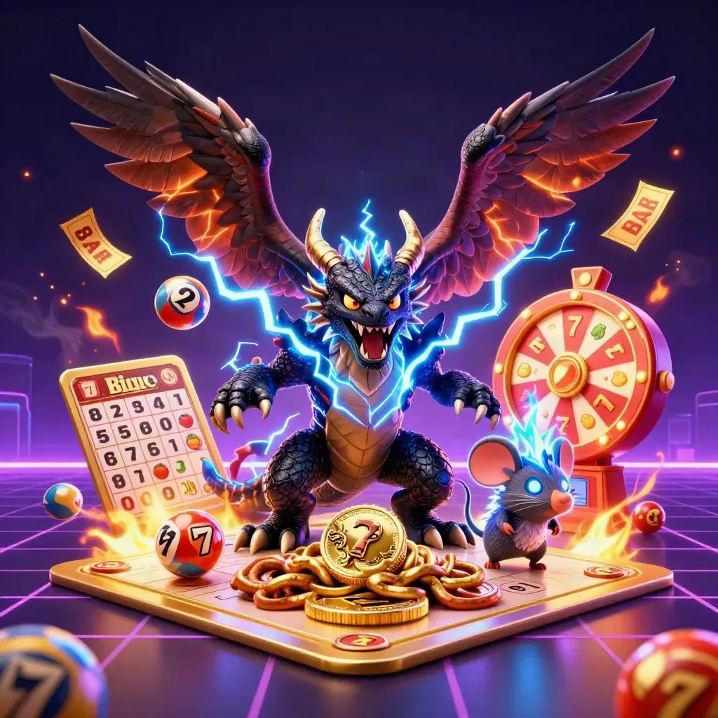 Naga petir, elang angin, dan tikus listrik di tengah simbol slot emas berlatar neon gelap.