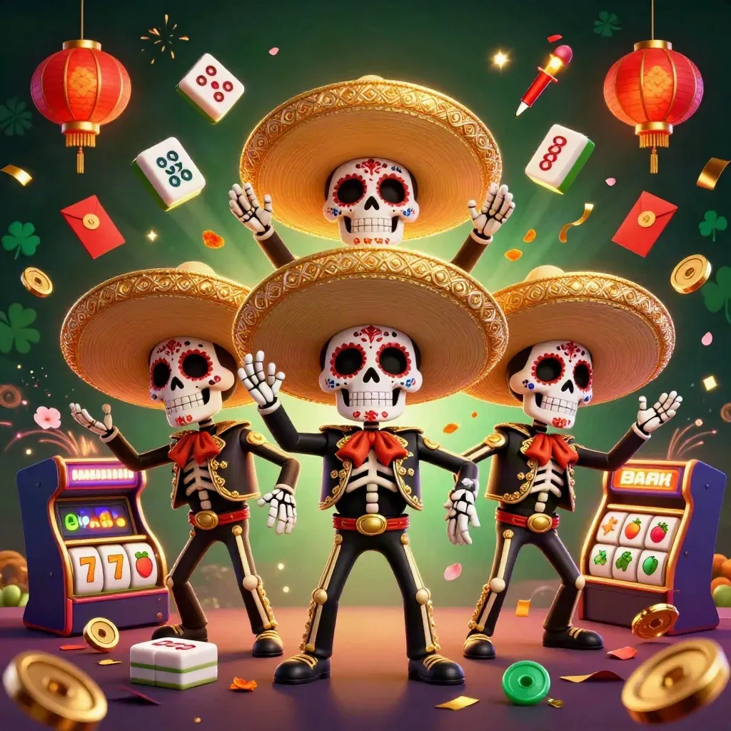 Tiga kerangka mariachi dengan lampion, koin, dan efek emas di latar hijau gelap.