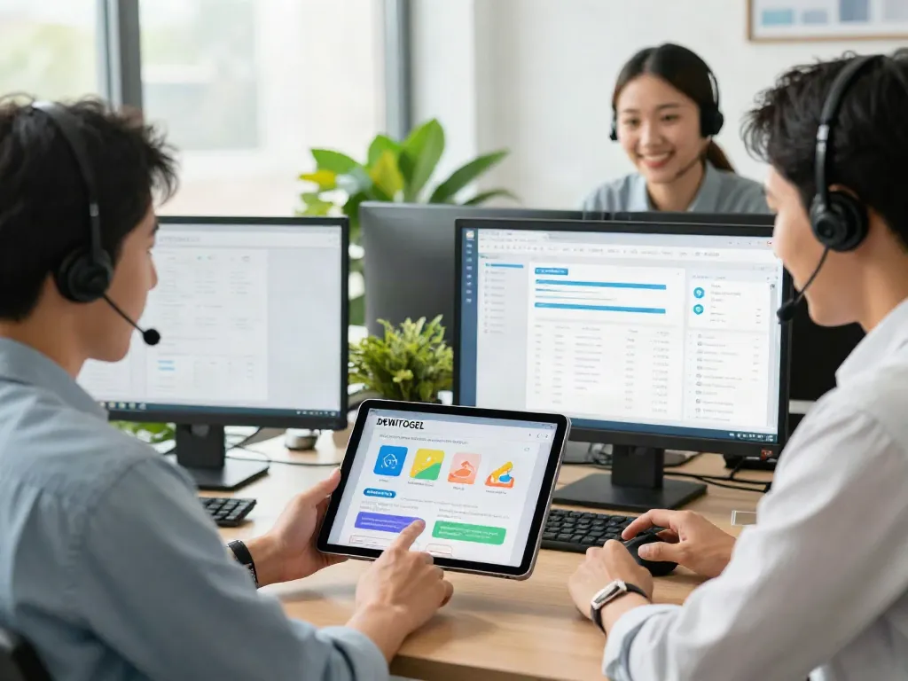 DEWITOGEL layanan cepat dan terjangkau, teknisi membantu pengguna di kantor modern.