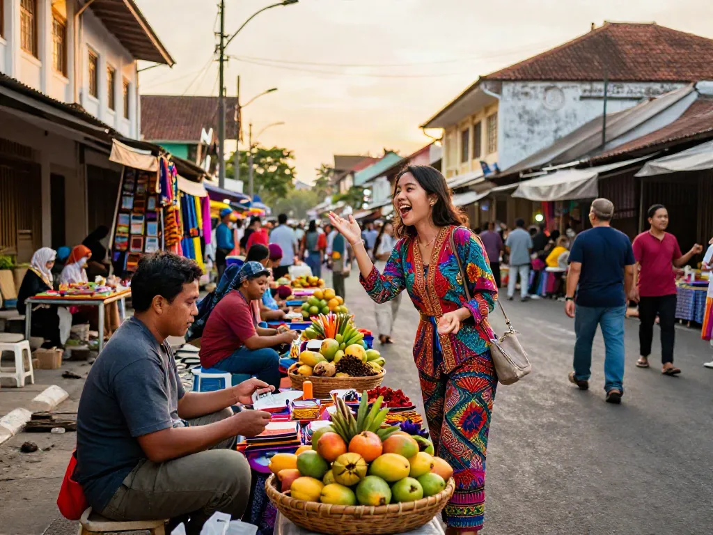 Pengunjung cirebontoto menjelajahi pasar tradisional dengan suasana ceria di Cirebon.